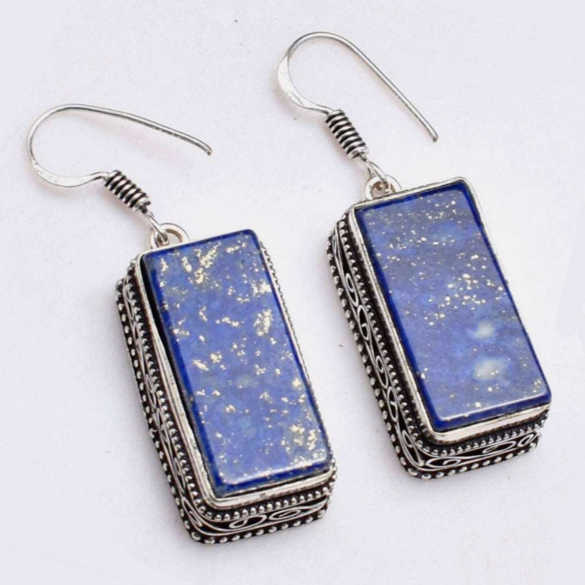 Natural Lapis Lazuli Rectangle Shape Gemstone .925 Silver Earrings