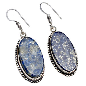 Handmade Natural Lapis Lazuli Long Oval Shape Gemstone .925 Silver Earrings