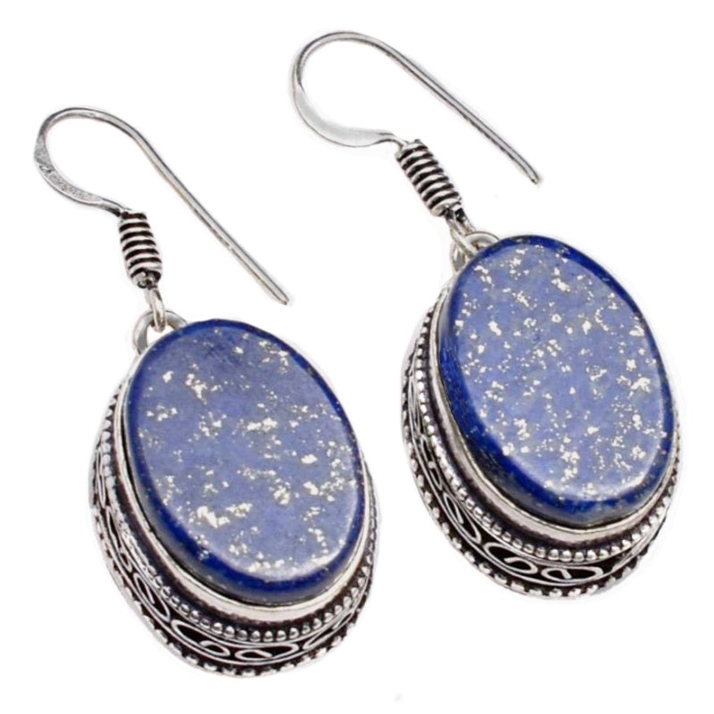 Handmade Natural Lapis Lazuli Oval Shape Gemstone .925 Silver Earrings