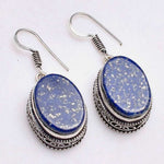 Handmade Natural Lapis Lazuli Oval Shape Gemstone .925 Silver Earrings