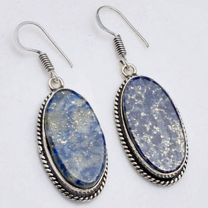 Handmade Natural Lapis Lazuli Long Oval Shape Gemstone .925 Silver Earrings