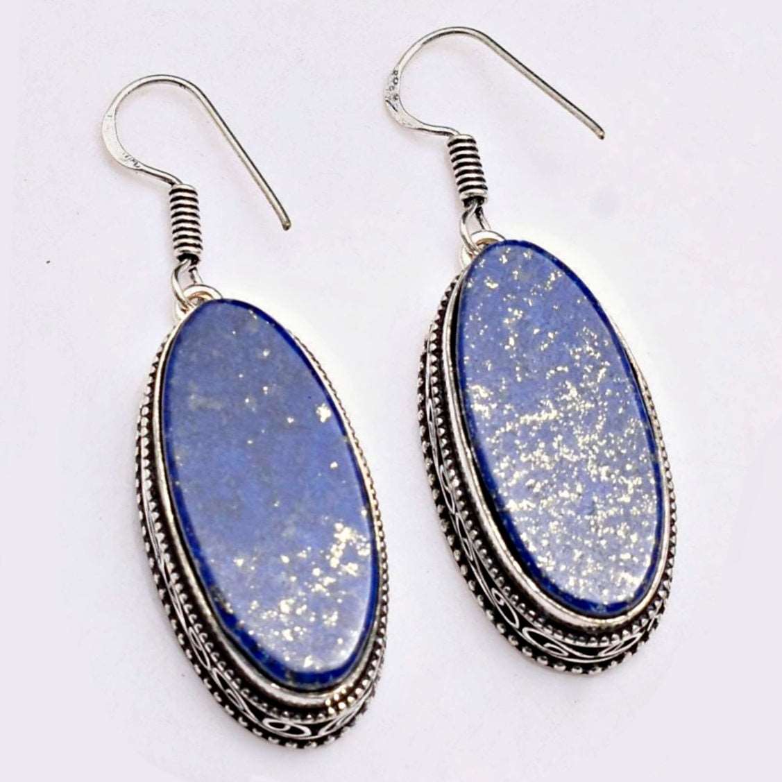 Handmade Natural Lapis Lazuli Oval Shape Gemstone .925 Silver Earrings