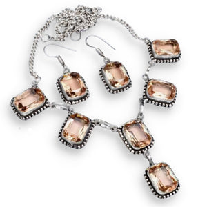 Stunning Handmade Morganite Rectangle Gemstone .925 Sterling Silver Necklace & Earrings Set