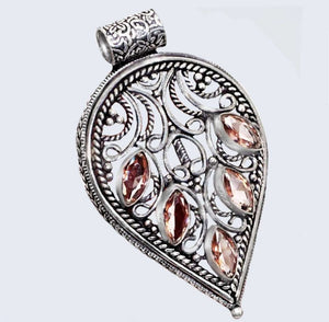 Handmade Antique Style Set Faceted Morganite Marquise Gemstones .925 Silver Pendant