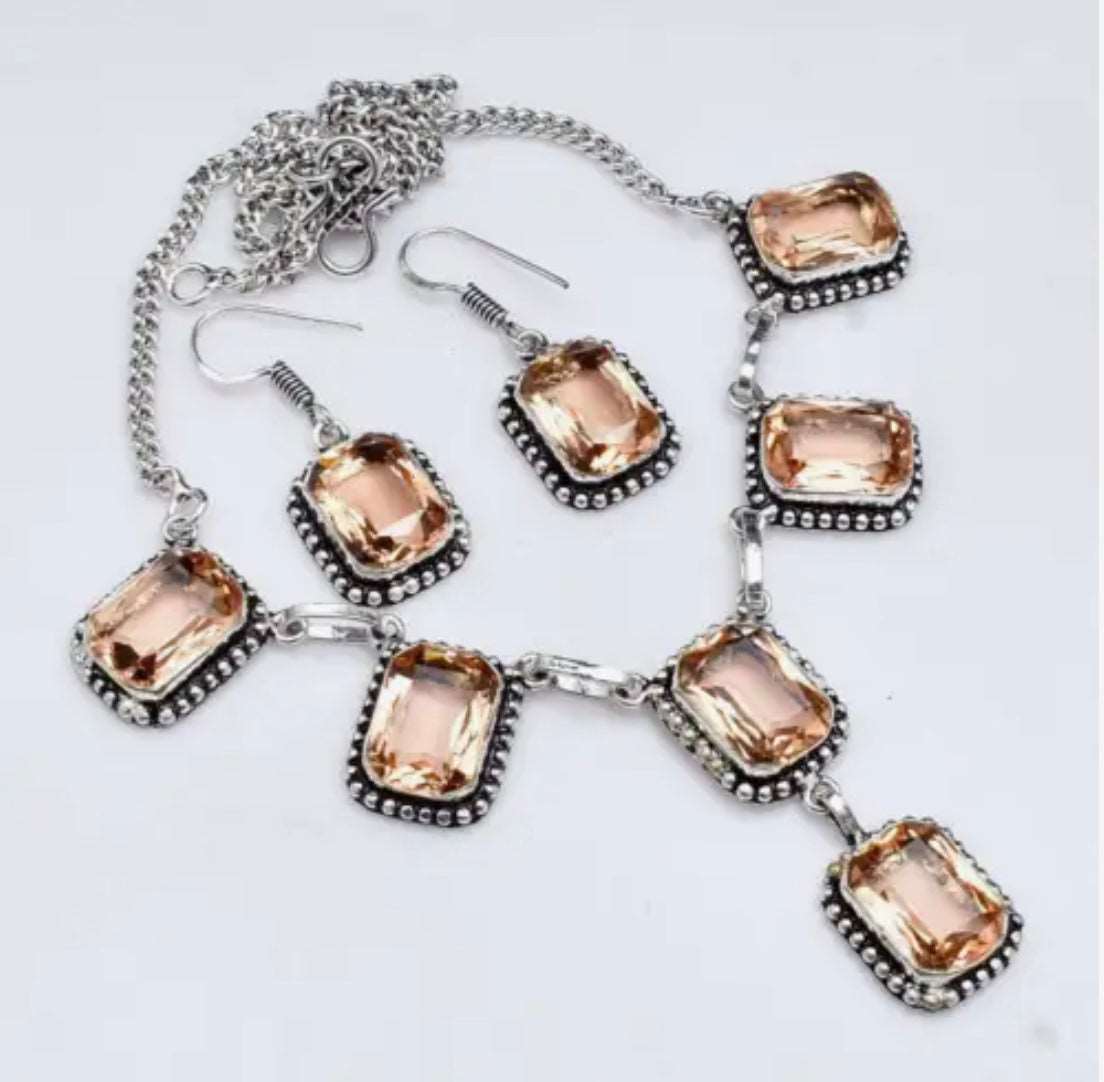 Stunning Handmade Morganite Rectangle Gemstone .925 Sterling Silver Necklace & Earrings Set