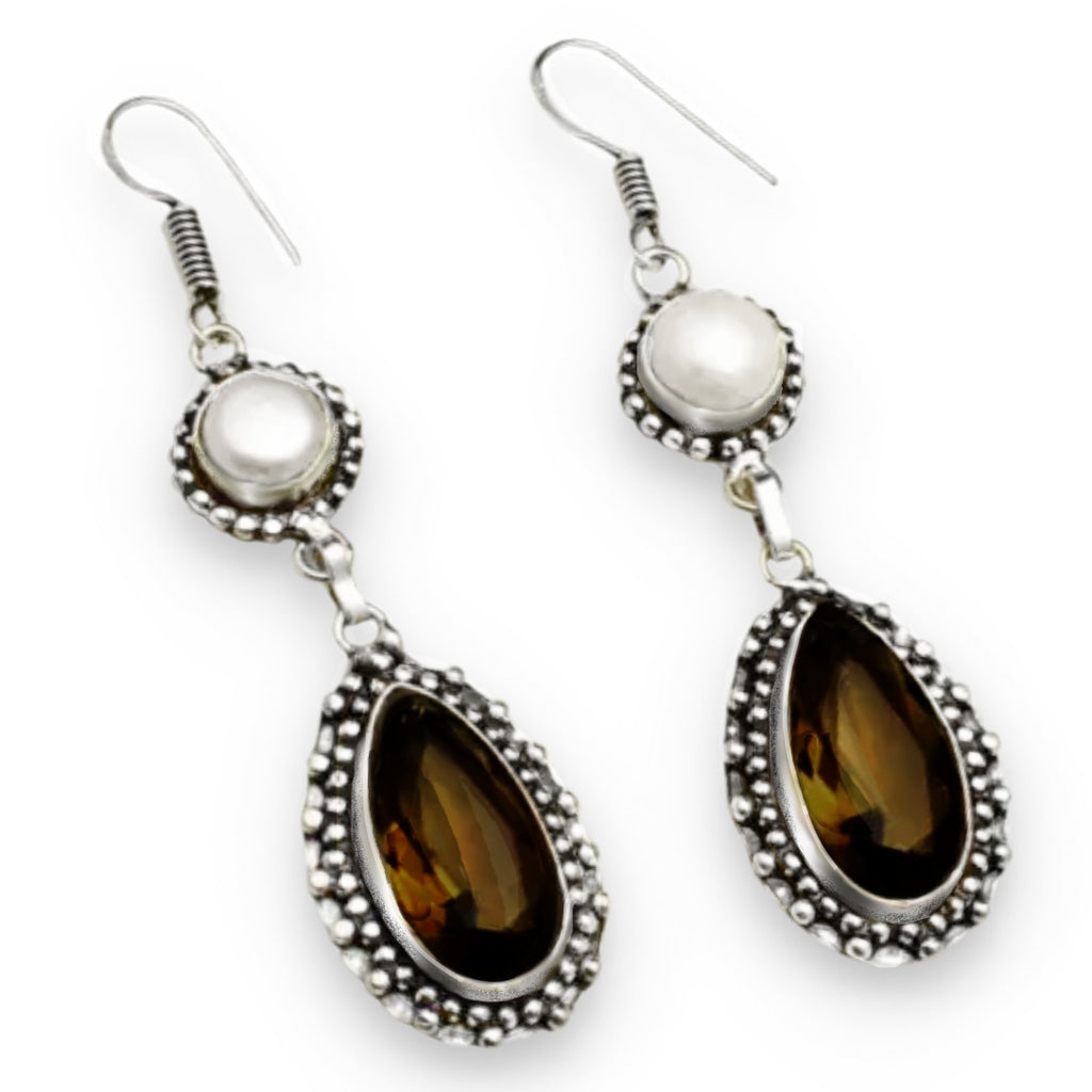 Handmade Smoky Topaz Pears and White River Pearl Gemstone 925 Silver Dangle Earrings