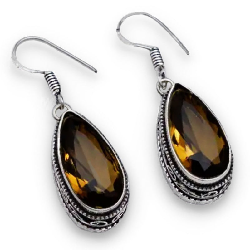 Handmade Smoky Topaz Pear Shape  Gemstone 925 Silver Dangle Earrings