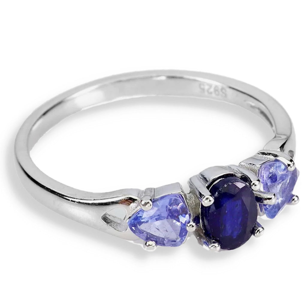 Natural Unheated Tanzanite, Blue Sapphire Solid 925 Sterling Silver 14K White Gold Ring SZ 8 /Q