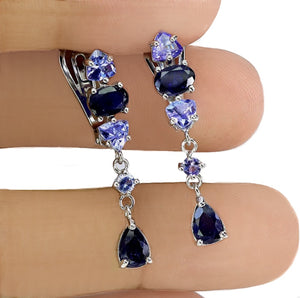 Natural Unheated Tanzanite, Blue Sapphire in Solid 925 Sterling Silver 14K White gold Earrings