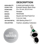 Handmade Emerald Quartz, Black Onyx Gemstone .925 Sterling Silver Pendant