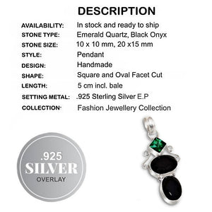 Handmade Emerald Quartz, Black Onyx Gemstone .925 Sterling Silver Pendant