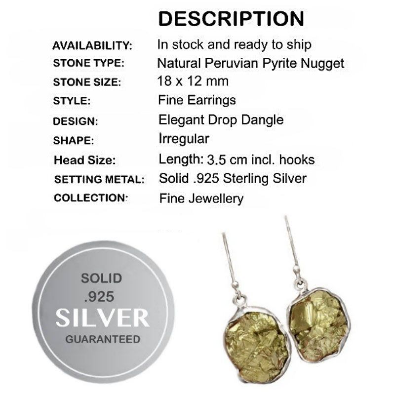 Handmade Peruvian Natural Golden Pyrite Nugget Solid .925 Sterling Silver Earrings