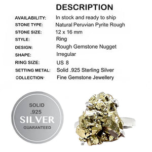 Handmade Natural Peruvian Golden Pyrite  set in Solid .925 Sterling Silver Ring Size US 8/ Q