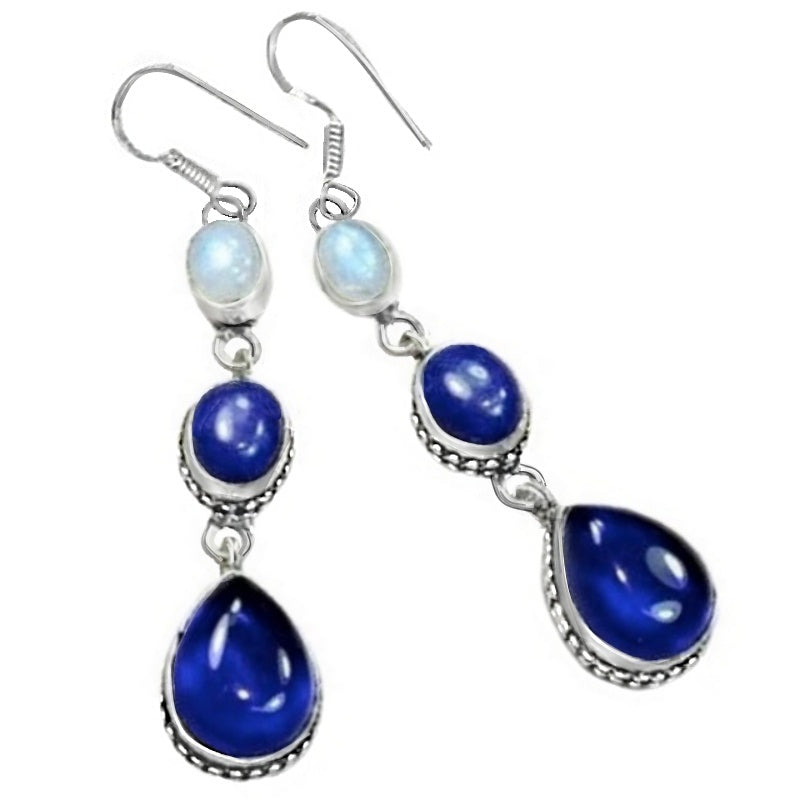 Natural Moonstone, Indian Blue Sapphire, Iolite Gemstone 925 Silver Earrings