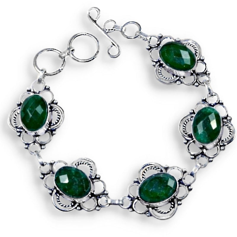 Natural Indian Emerald Quartz Gemstone Antique Style .925 Silver Bracelet