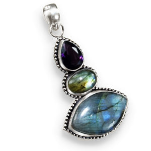 Beautiful Natural Blue Fire Labradorite, Amethyst Gemstone .925 Silver Pendant