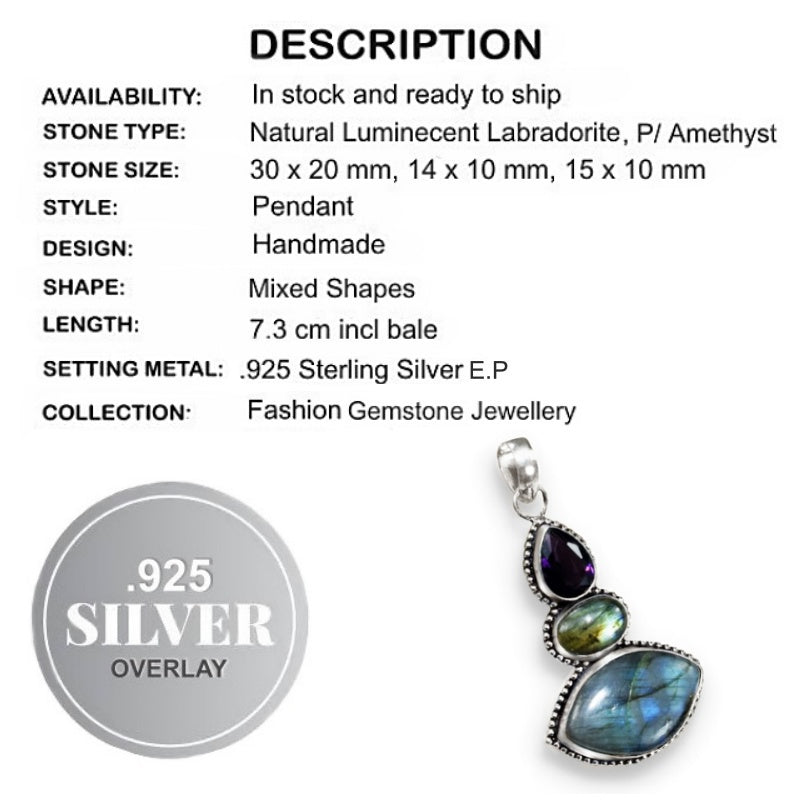 Beautiful Natural Blue Fire Labradorite, Amethyst Gemstone .925 Silver Pendant