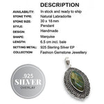 Natural Marquise Fiery Labradorite Gemstone .925 Silver Pendant