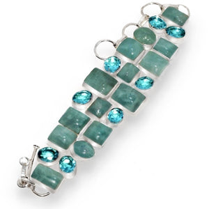 Rare Find Natural Aquamarine and Swiss Blue Topaz Gemstone 925 Silver Bracelet