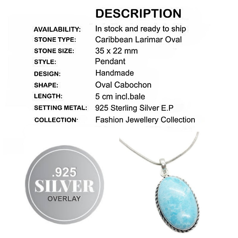 Handmade Caribbean Larimar Oval Gemstone  .925 Sterling Silver Fashion Pendant