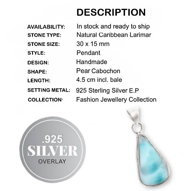 Natural Caribbean Larimar Pear Gemstone .925 Sterling Silver Pendant