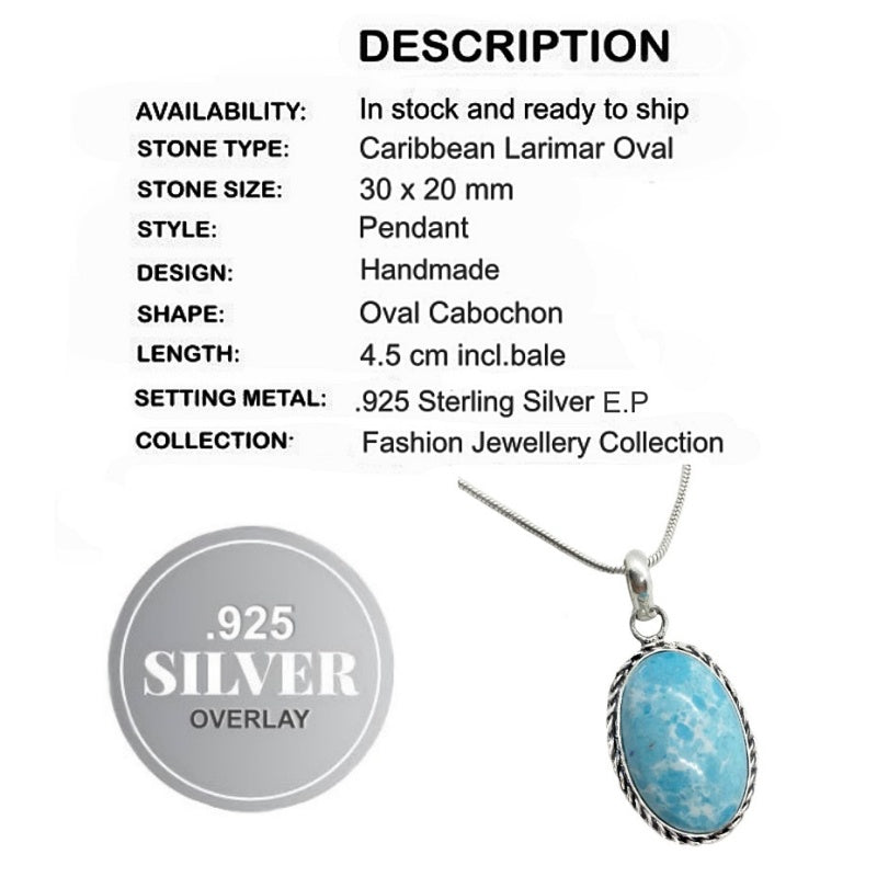 Handmade Caribbean Larimar Gemstone  .925 Sterling Silver Fashion Pendant