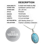 Handmade Caribbean Larimar Gemstone  .925 Sterling Silver Fashion Pendant