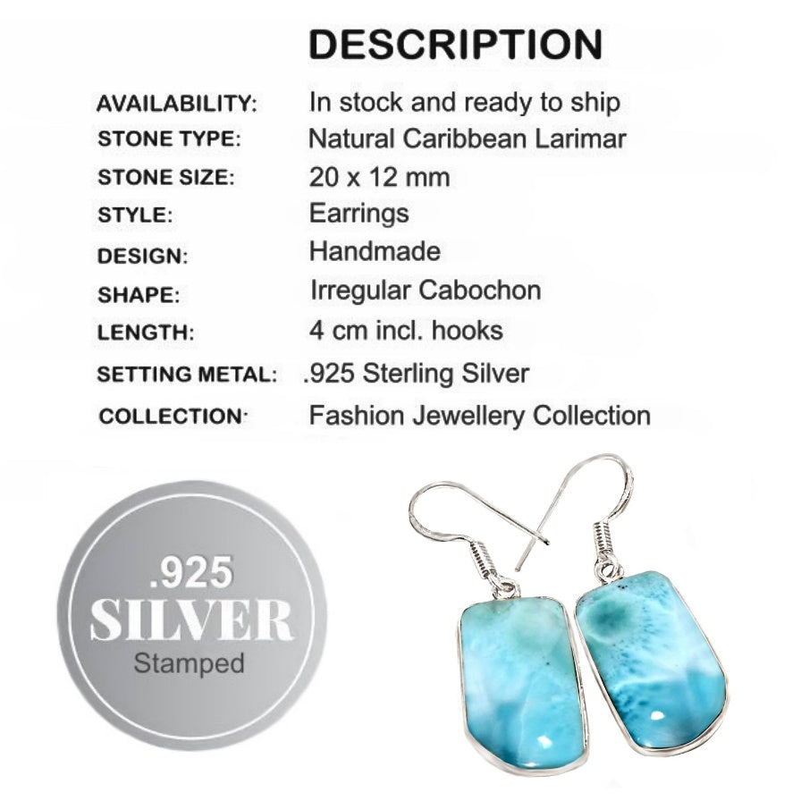 Natural Larimar Gemstone .925 Silver Earrings