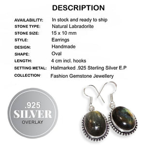 Natural Fiery Labradorite Oval Gemstone .925 Silver Earrings