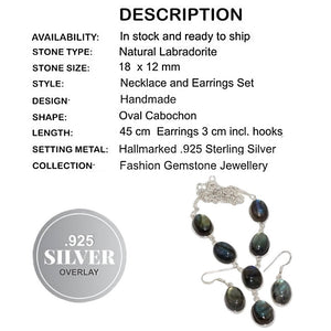 Natural Labradorite Gemstone 925 Silver Necklace &  Earrings Set