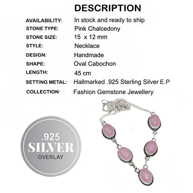 Pink Chalcedony Oval Gemstone .925 Sterling Silver Necklace