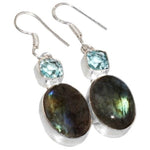 Natural Fiery Labradorite, Blue Topaz Gemstone .925 Silver Earrings