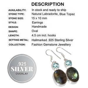 Natural Fiery Labradorite, Blue Topaz Gemstone .925 Silver Earrings