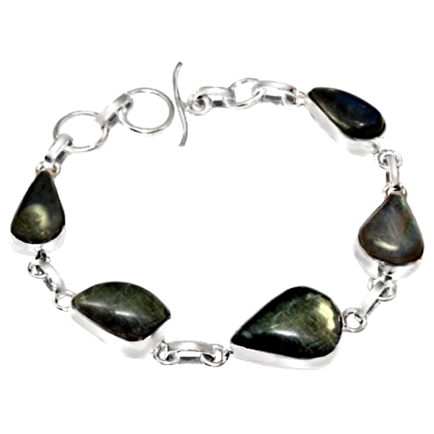 Natural Fiery Labradorite Pear Gemstone .925 Sterling Silver Bracelet