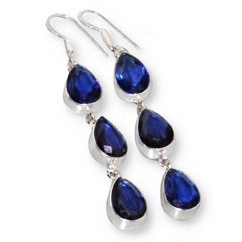 Long Pear Shape Sapphire Blue Quartz Gemstone 925 Silver Earrings