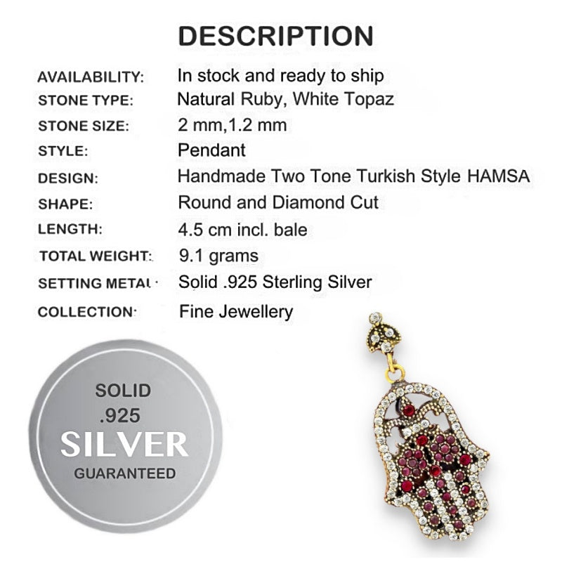 Two Tone Hamsa (Hand of God) Turkish Ruby and White Topaz Solid .925 Sterling Silver Pendant