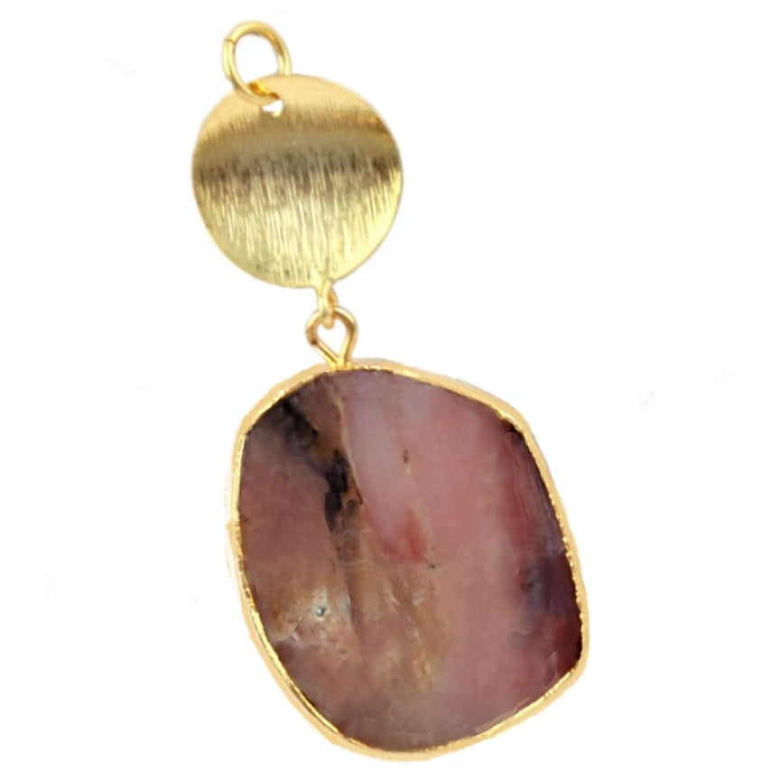 Natural Pink Opal Gemstone set in Brass and 24K Yellow Gold Pendant with 14k Gold Chain