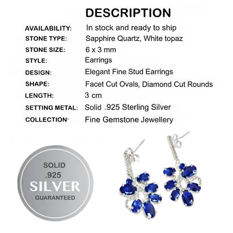 Faceted Drop Sapphire Quartz, White Topaz Earrings In Solid.925 Sterling Silver