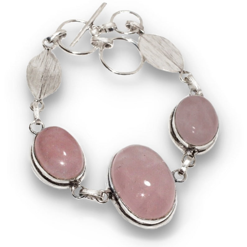 Natural Rose Quartz Gemstone with Leaf Charm .925 Sterling Silver Bracelet