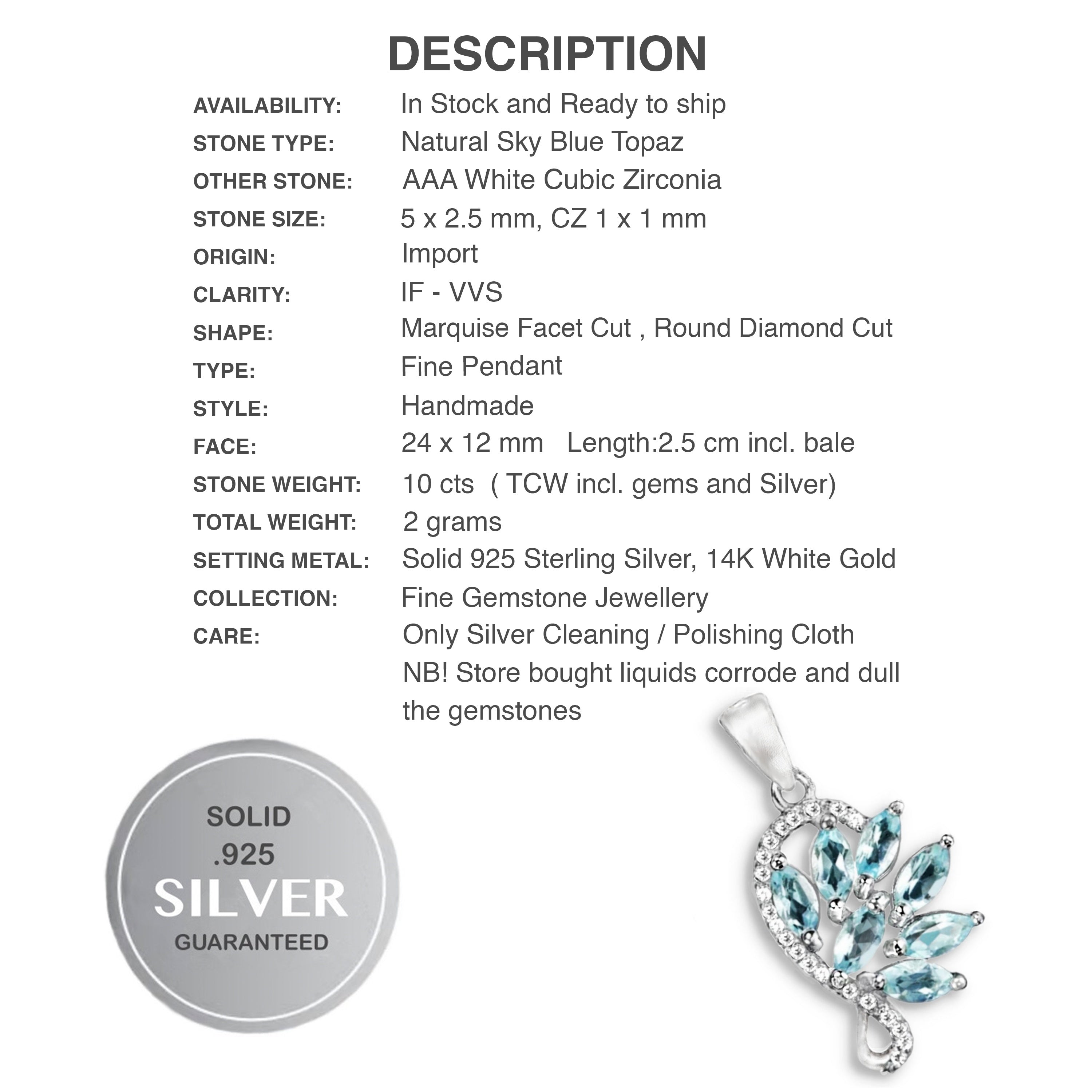 Top Grade Natural AAA Sky Blue Topaz, White Cubic Zirconia Solid .925 Sterling Silver Pendant