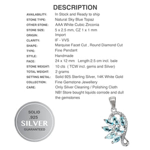 Top Grade Natural AAA Sky Blue Topaz, White Cubic Zirconia Solid .925 Sterling Silver Pendant