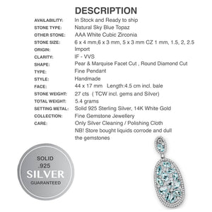 Deluxe 13 Natural Sky Blue Topaz, White CZ Solid 925 Sterling Silver 14K White Gold Pendant