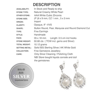 Deluxe Natural Creamy White Pearl ,White CZ Solid .925 Sterling Silver Earrings