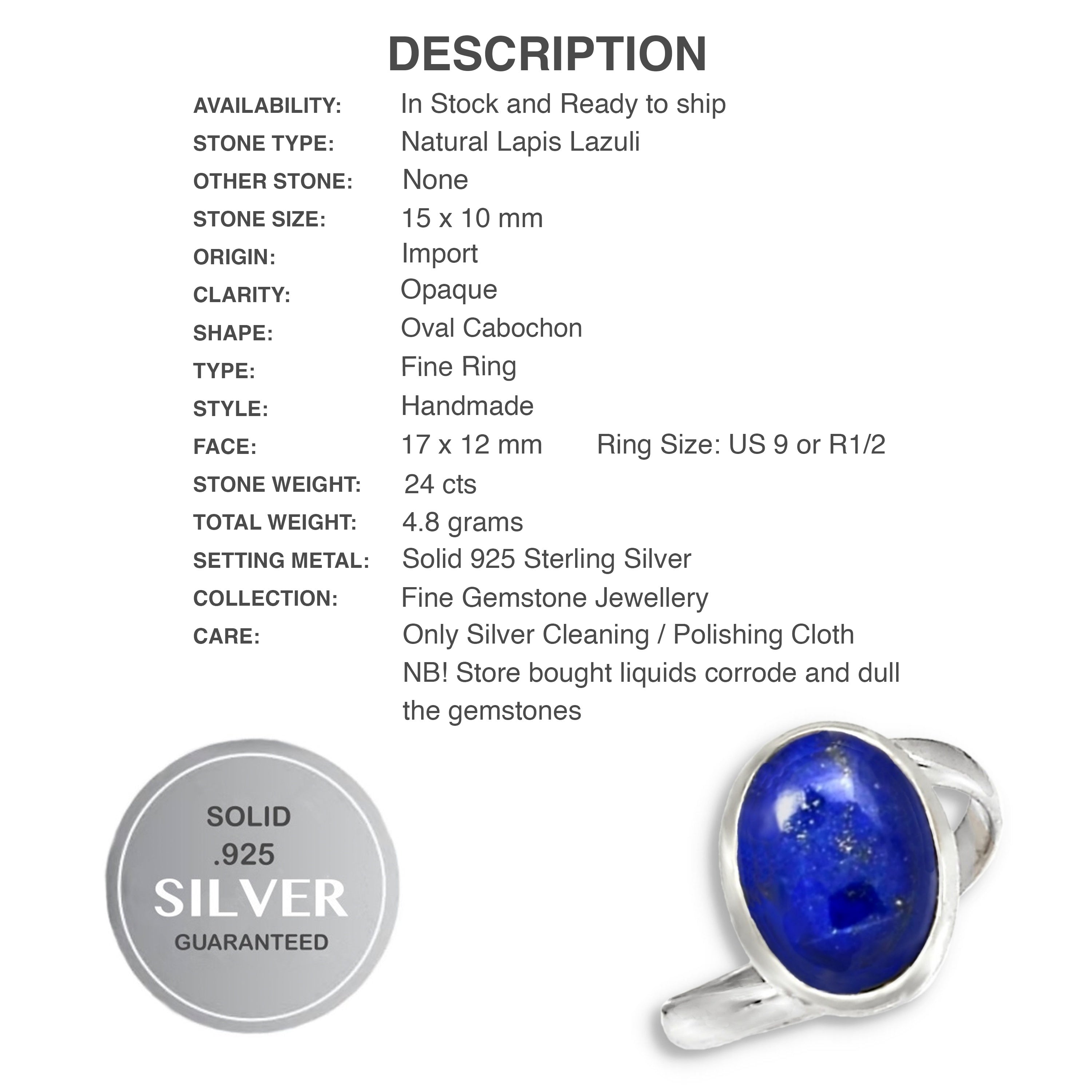 Natural Lapis Lazuli Gemstone Solid .925 Silver Ring Size US 9 or R1/2