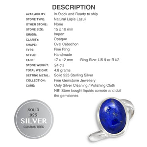 Natural Lapis Lazuli Gemstone Solid .925 Silver Ring Size US 9 or R1/2