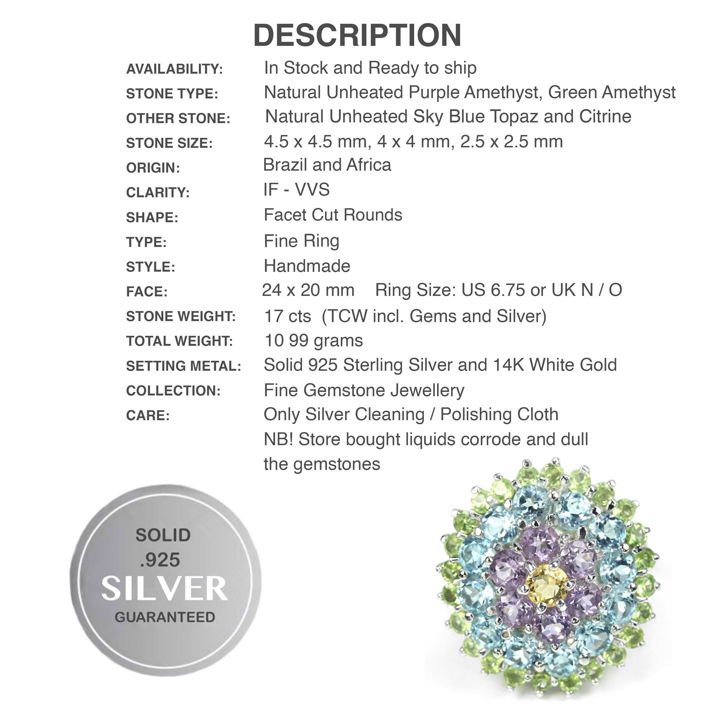 Authentic Green and Purple Amethyst, Citrine, Blue Topaz Gemstone Solid .925 Silver Size 6.75 - BELLADONNA