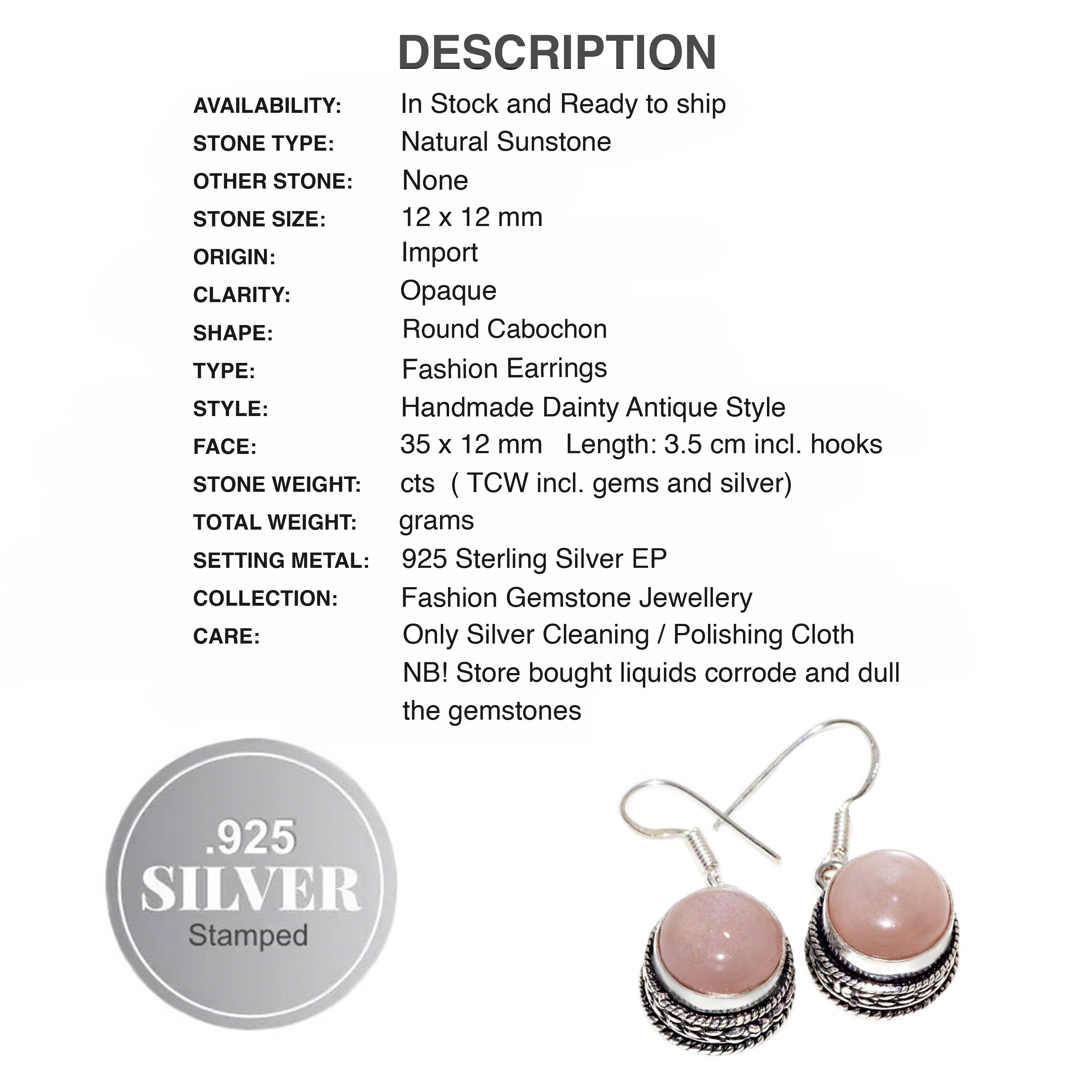 Natural Sunstone Gemstone Antique Style .925 Silver Earrings