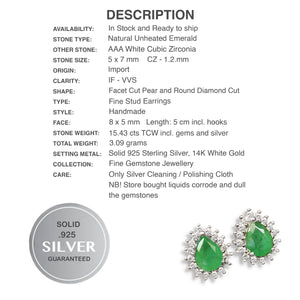 Natural Unheated Zambian Emerald White CZ Solid .925 Sterling Silver 14k White Gold Stud Earrings