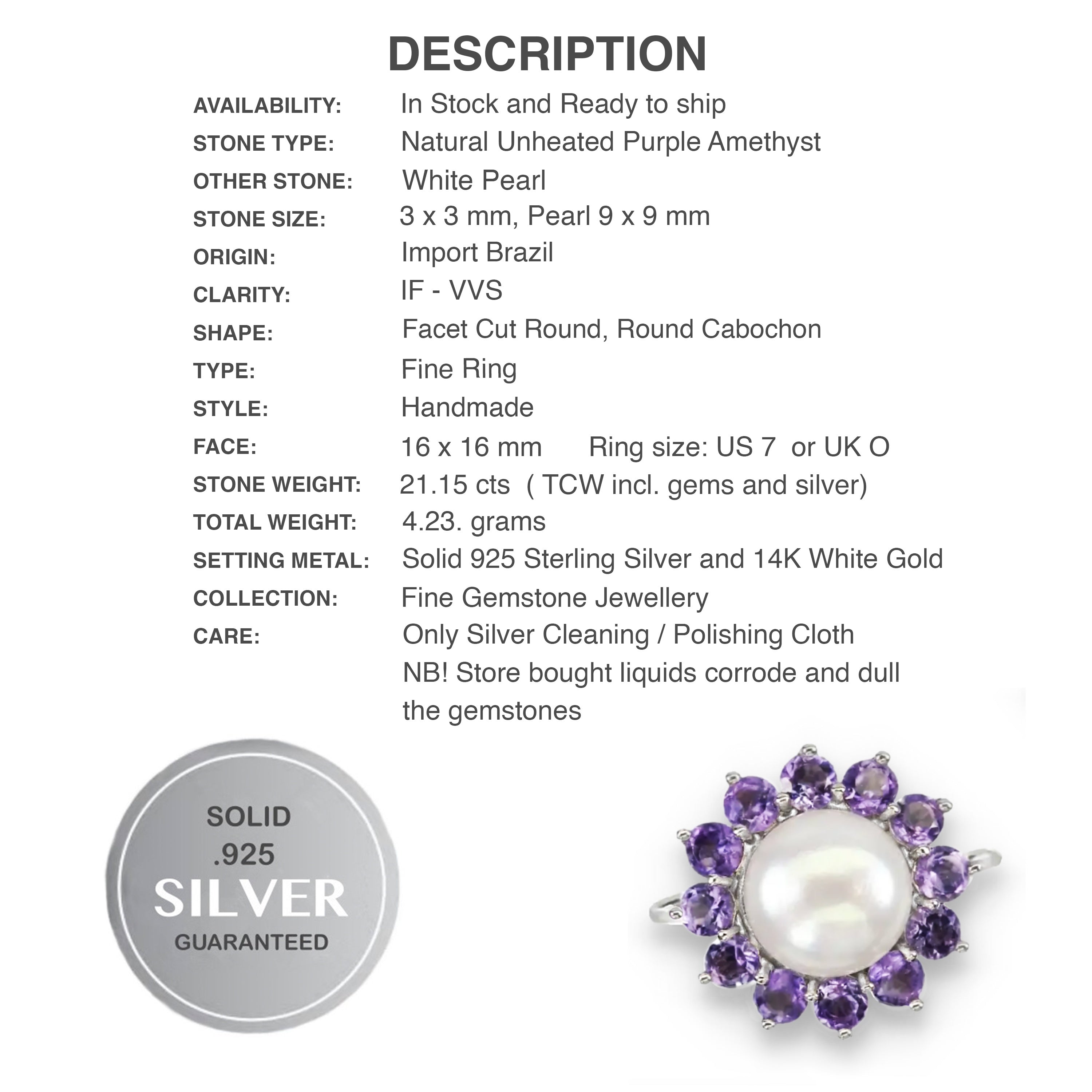 AAA Natural Unheated Purple Amethyst and White Pearl set in Solid .925 Silver 14K White Gold Ring Size 7 or O