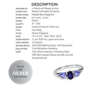 Natural Unheated Tanzanite, Blue Sapphire Solid 925 Sterling Silver 14K White Gold Ring SZ 8 /Q